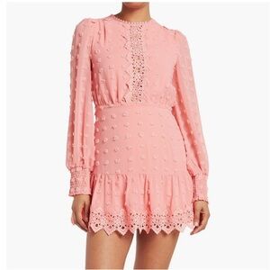 Love By Design Rina Long Sleeve Swiss Dot Chiffon Lace Trim Pink Dress Sz Large